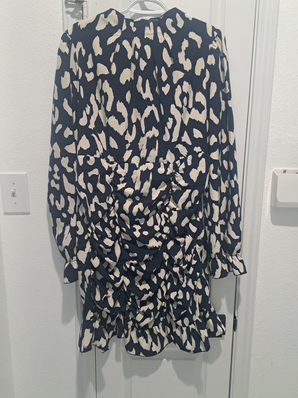 SHEIN Navy Blue and Cream Animal-Print Ruched Midi Dress